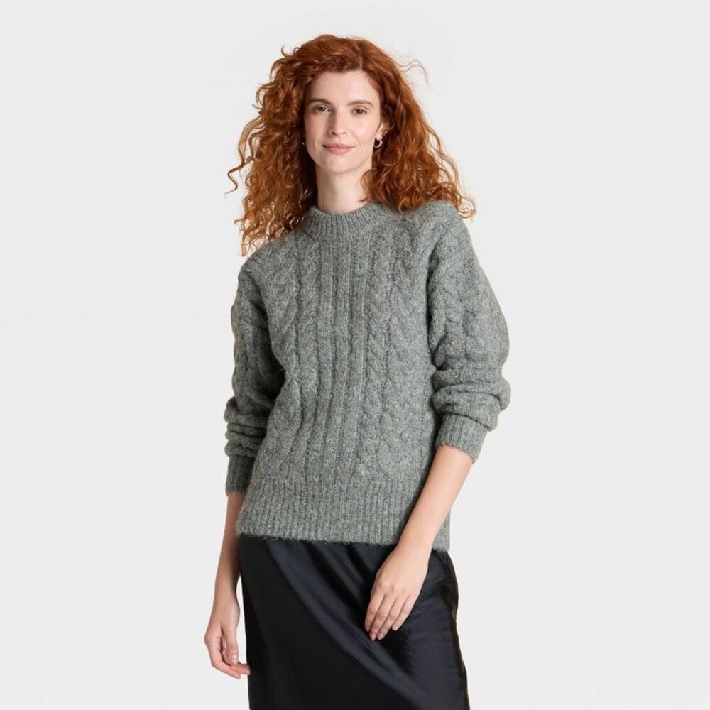 Women's Cabled Sweater - A New Day Heather Gray L